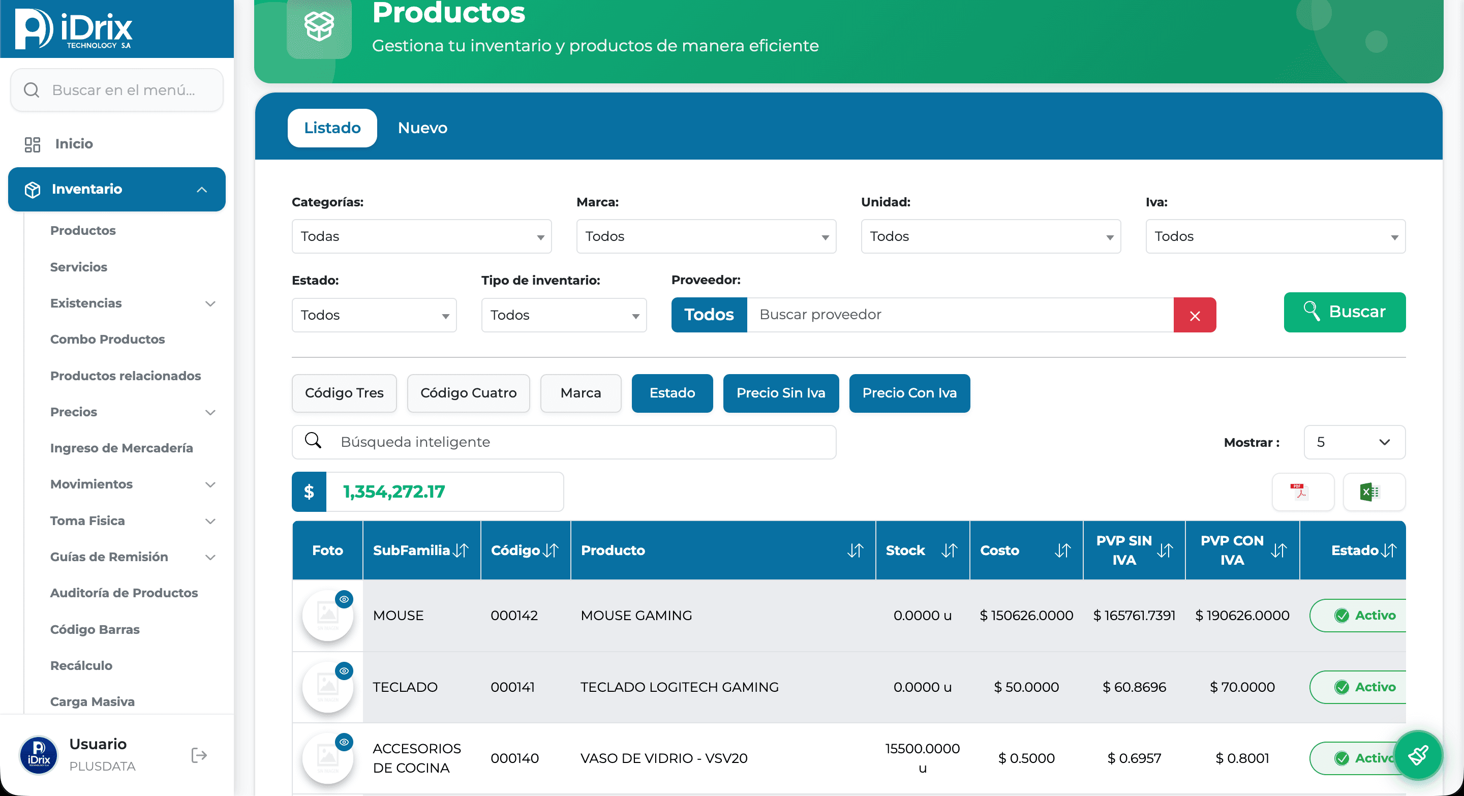 Pantalla moderna de inventario en iDrix Contable con filtros, búsqueda inteligente y tabla de productos