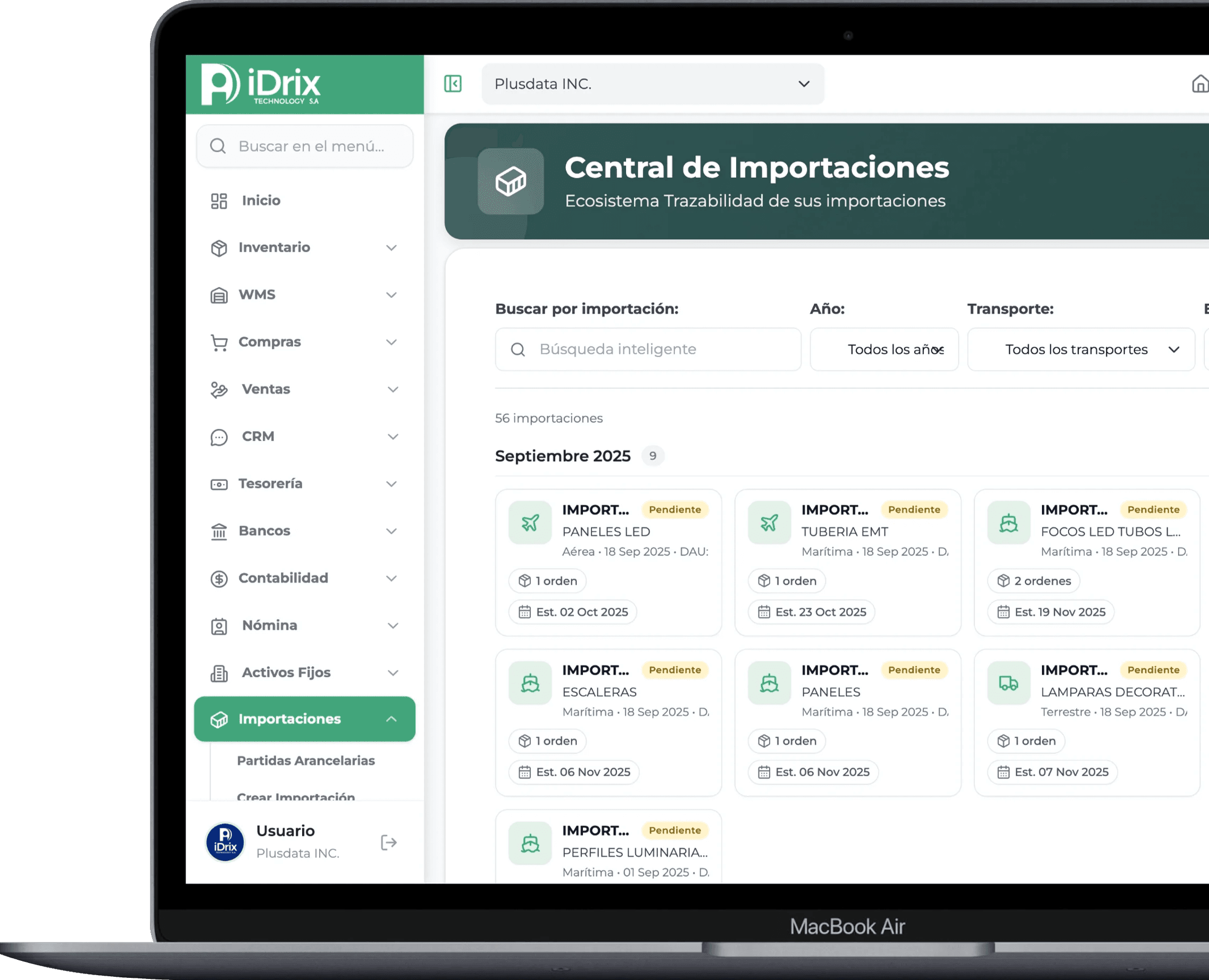 Central de Importaciones — vista principal del módulo en iDrix ERP Ecuador