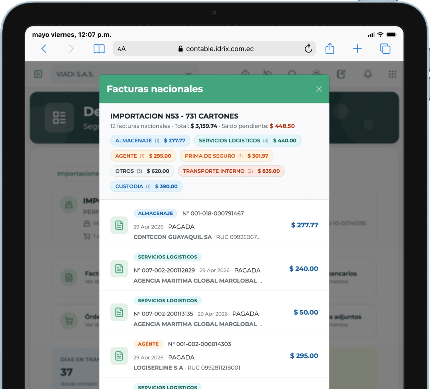 Facturas nacionales por importación